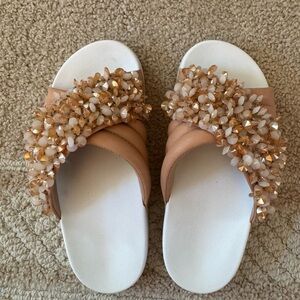 Tory Burch Tan and White Embellished Sandals